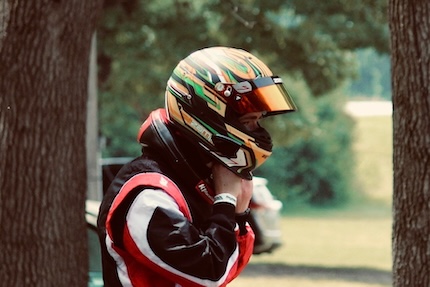 A closeup of Henry with his helmet